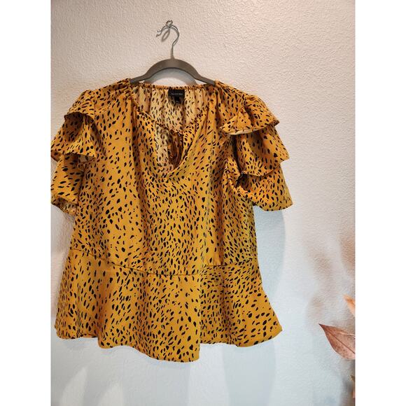 Who What Wear Mustard Yellow‎ Ruffle Sleeve Peplum Blouse Size L Pre-Owned - Picture 1 of 4
